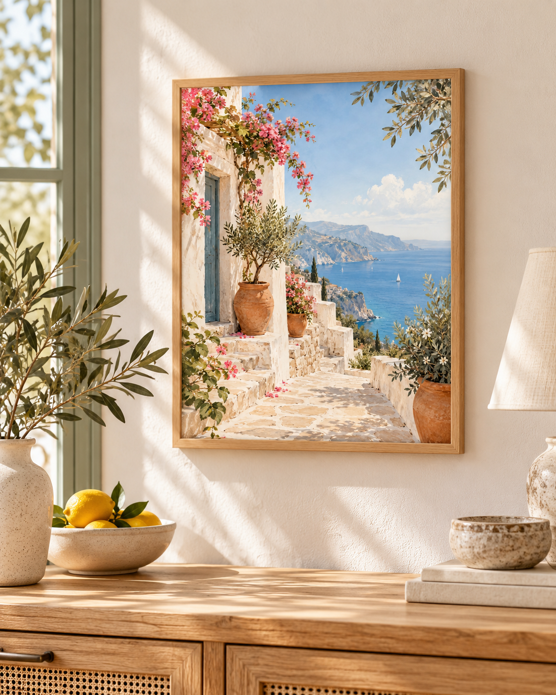 Mediterranean coastal scene with pink bougainvillea, whitewashed walls, terracotta pots and blue sea styled in a sideboard display