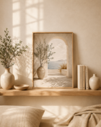 Mediterranean olive tree and stone archway overlooking a calm sea styled in a shelf