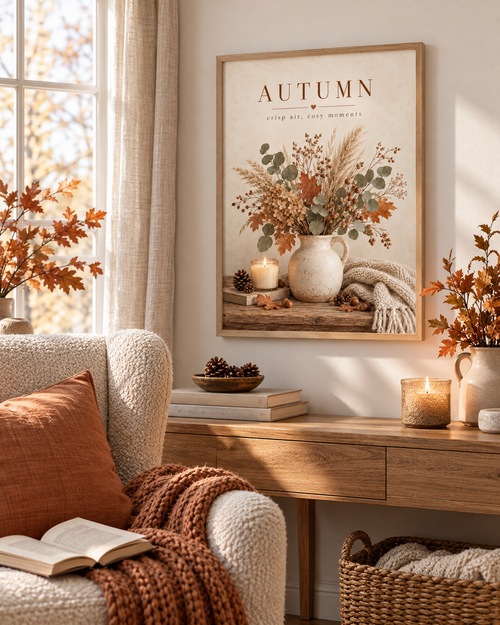 Autumn crisp air cosy moments artwork with dried flowers, eucalyptus and grasses in a rustic vase, candle and knitted blanket styled in a reading corner