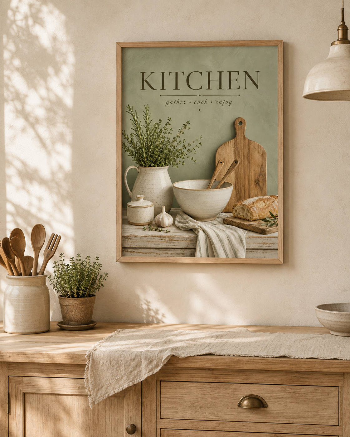 Sage green Kitchen gather cook enjoy artwork with herbs, ceramic jug, mixing bowl, wooden utensils, bread and garlic styled in a farmhouse kitchen