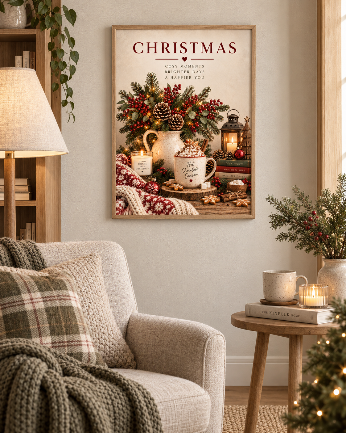 Cosy Christmas hot chocolate still life with evergreen foliage, red berries, candle and lantern styled in a reading corner