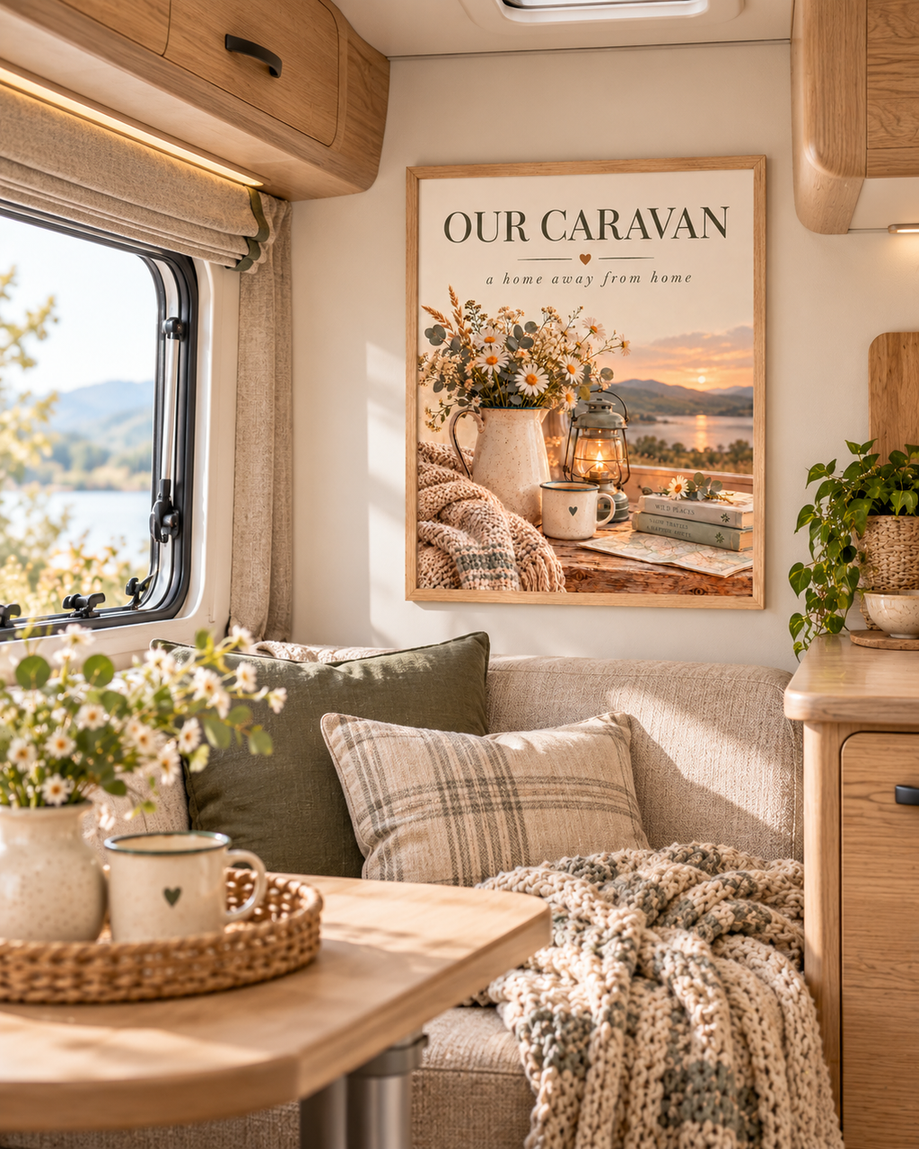 Our Caravan a home away from home quote with daisies, lantern, mug, knitted blanket and lakeside sunset styled in a caravan seating area