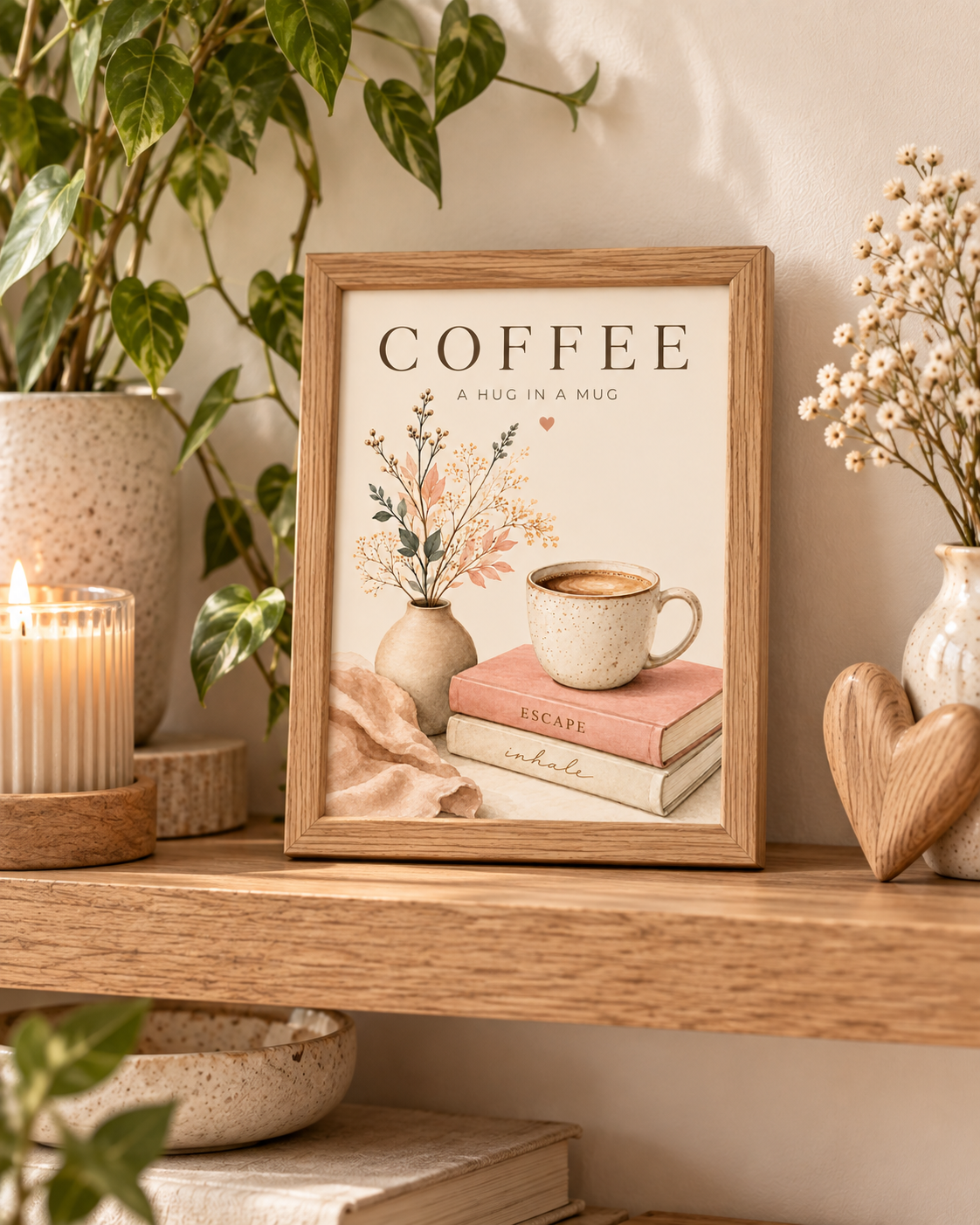 Coffee artwork styled on a wooden shelf with plants and a candle