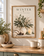 Winter soft snow, warm hearts artwork with snowy evergreens, eucalyptus, white berries, ceramic vase, knitted blanket, pine cones and candle styled in a sideboard