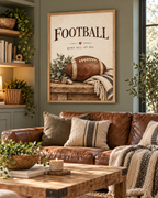 Vintage American football with game day all day wording, greenery and knitted textures styled in a shelf display