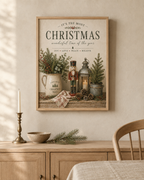 Rustic Christmas nutcracker, evergreen foliage, red berries and candlelit lantern beneath vintage Christmas typography styled in a dining area