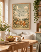 Nos Da Rwyn dy garu Welsh goodnight quote with deer, rabbit, bear and fox beneath a crescent moon and stars styled in a dining area