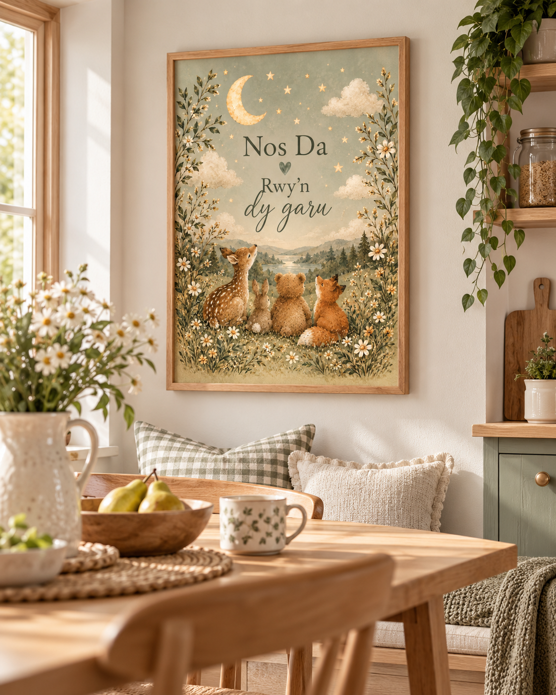 Nos Da Rwyn dy garu Welsh goodnight quote with deer, rabbit, bear and fox beneath a crescent moon and stars styled in a dining area