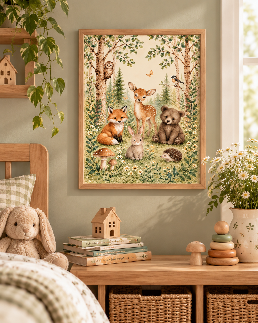 Watercolour woodland animals with fawn, fox, bear cub, bunny, hedgehog, owl and bird among trees and flowers styled in a nursery