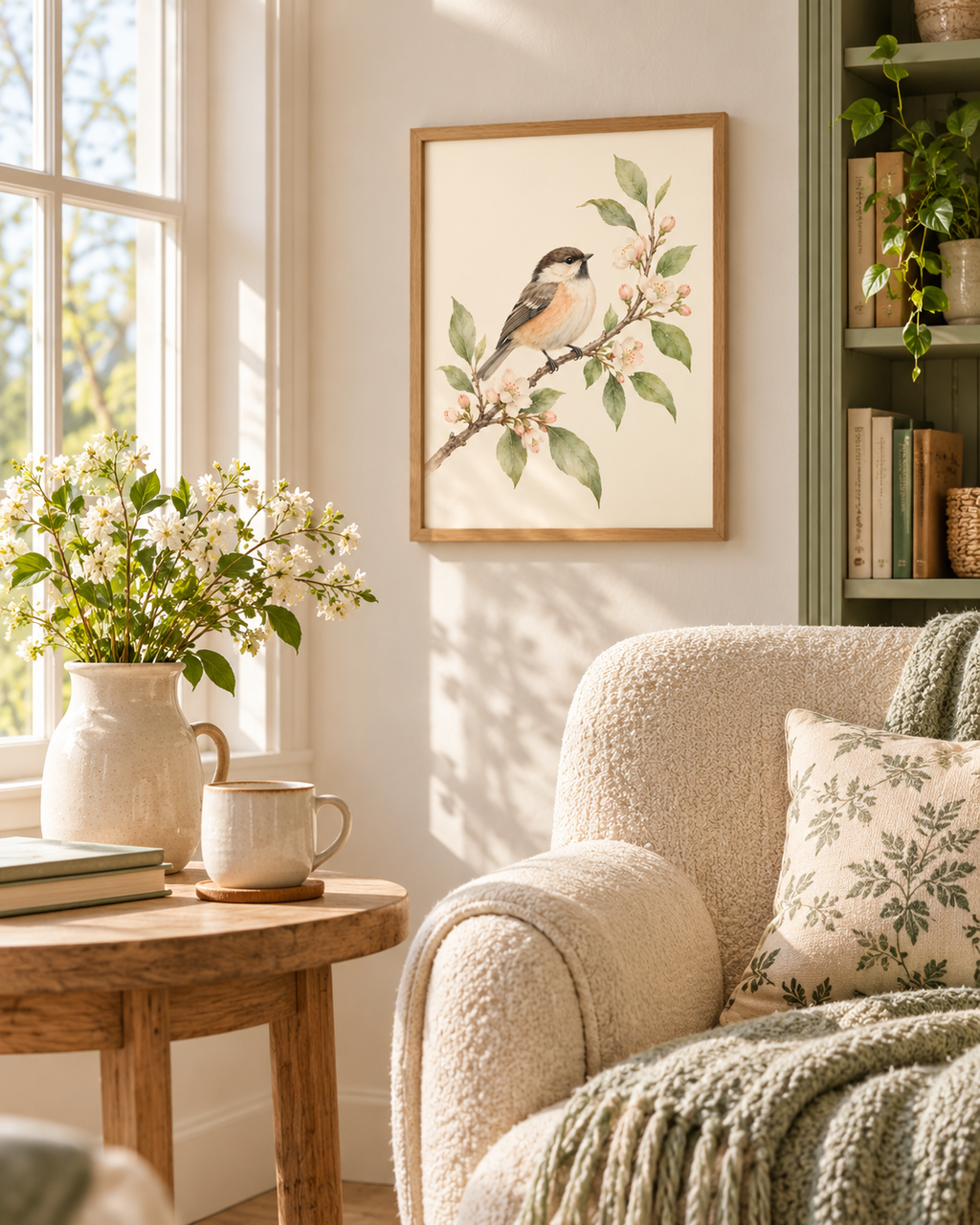 Watercolour songbird perched on a branch with pink blossom and sage green leaves against a warm ivory background styled in a reading corner