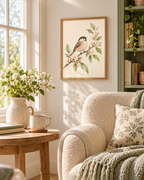 Watercolour songbird perched on a branch with pink blossom and sage green leaves against a warm ivory background styled in a reading corner