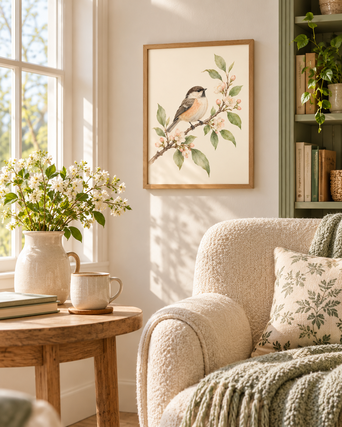 Watercolour songbird perched on a branch with pink blossom and sage green leaves against a warm ivory background styled in a reading corner