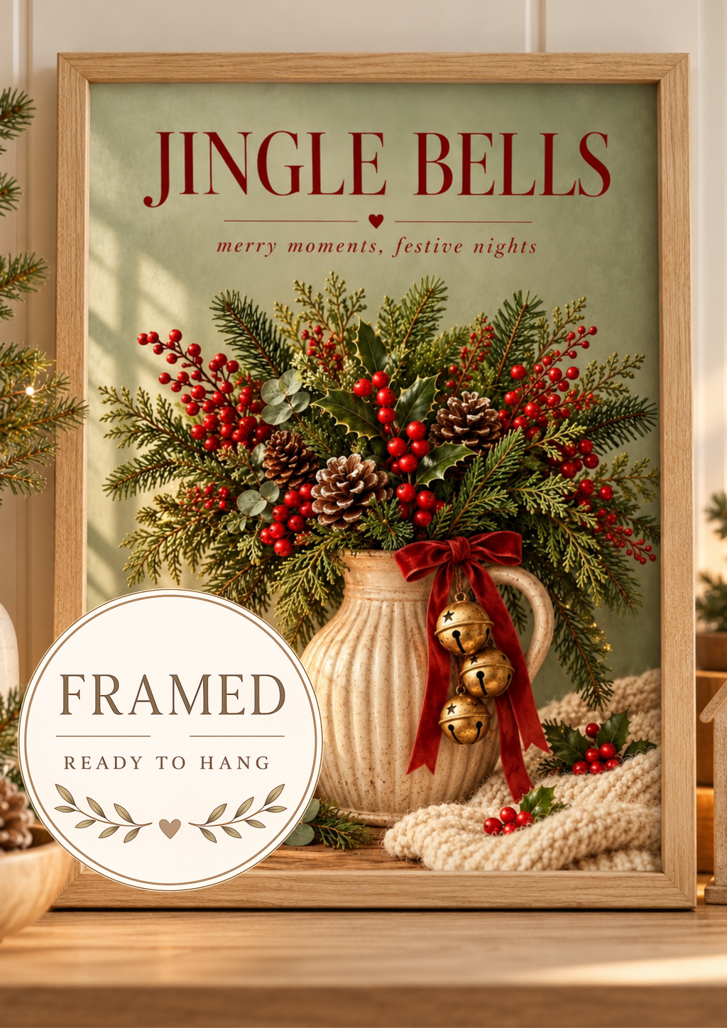 Jingle Bells Christmas artwork with evergreen foliage, red berries, gold bells, candle and pine cones; framed and ready to hang badge