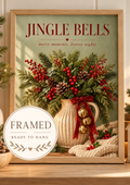 Jingle Bells Christmas artwork with evergreen foliage, red berries, gold bells, candle and pine cones; framed and ready to hang badge