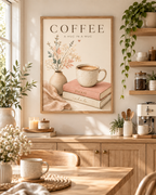 A Hug in a Mug print styled in a natural wood kitchen coffee corner