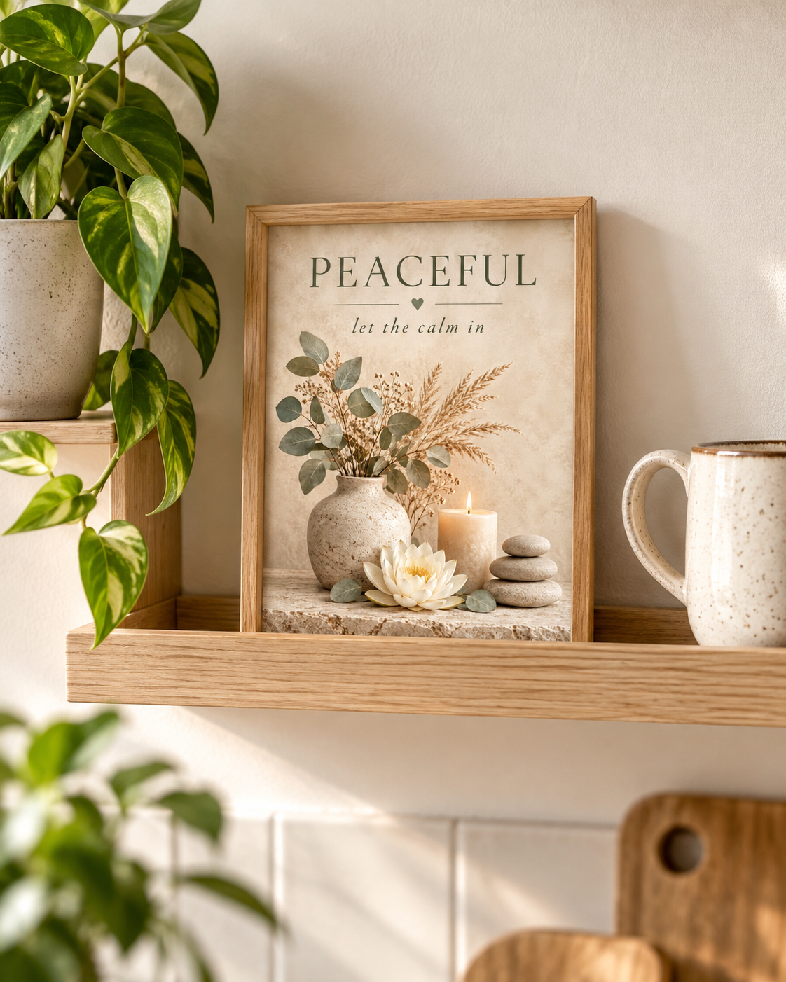Peaceful let the calm in botanical artwork with eucalyptus, dried grasses, lotus flower, candle and stacked stones styled in a shelf