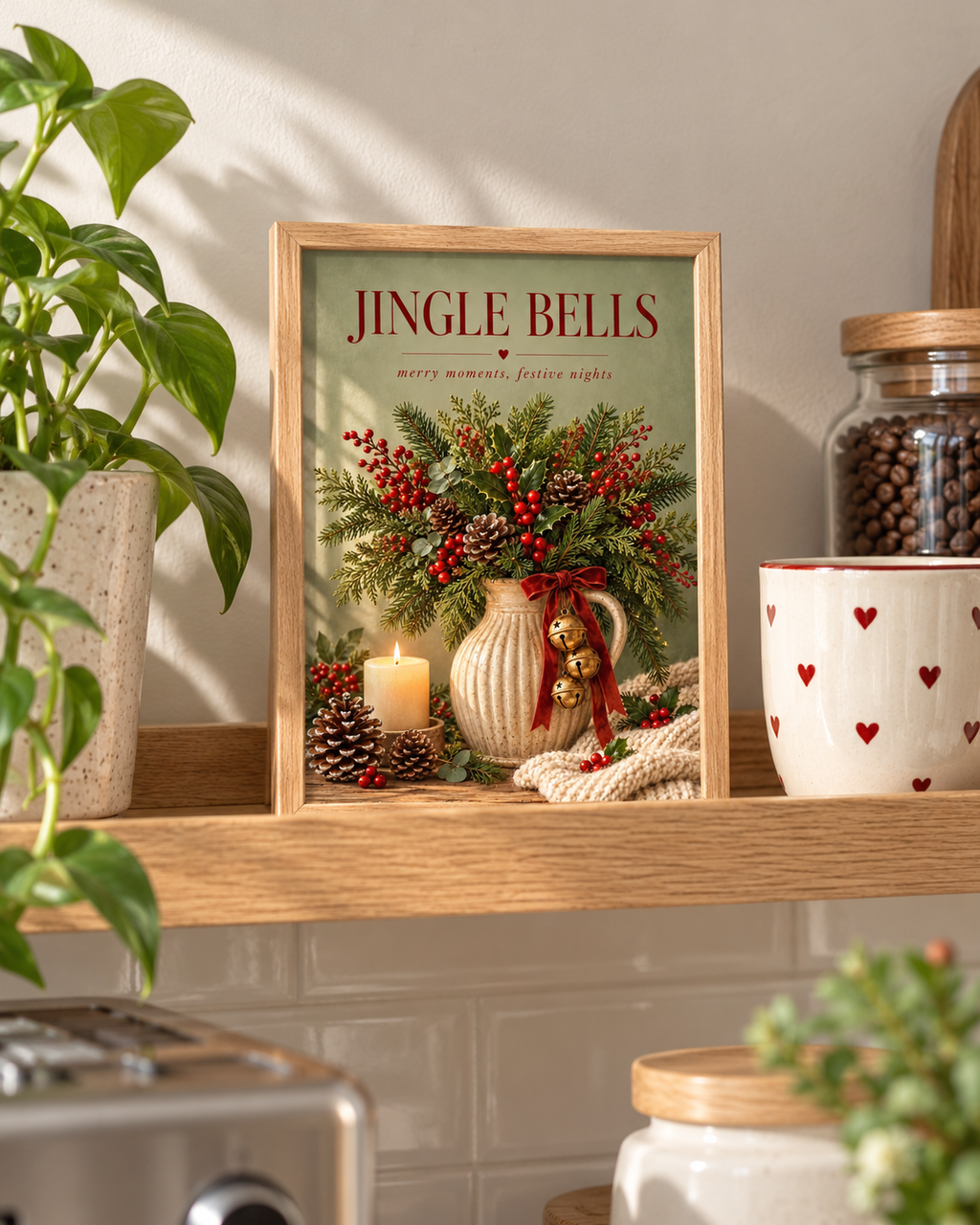 Jingle Bells Christmas artwork with evergreen foliage, red berries, gold bells, candle and pine cones styled in a shelf display