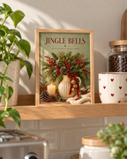 Jingle Bells Christmas artwork with evergreen foliage, red berries, gold bells, candle and pine cones styled in a shelf display