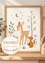 Woodland nursery fawn, fox and rabbit with moon, stars and sage foliage; framed and ready to hang badge