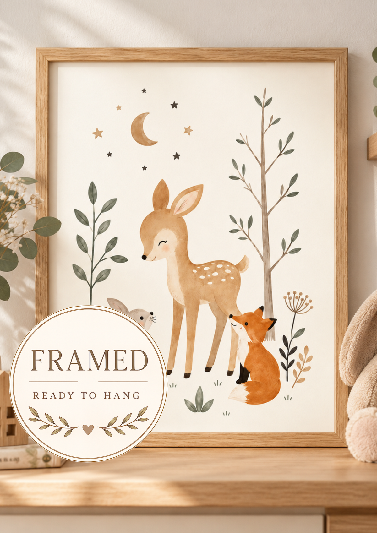 Woodland nursery fawn, fox and rabbit with moon, stars and sage foliage; framed and ready to hang badge