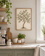 Watercolour botanical tree with sage green leaves, ivory white blossoms and a curved natural trunk on warm ivory styled in a kitchen