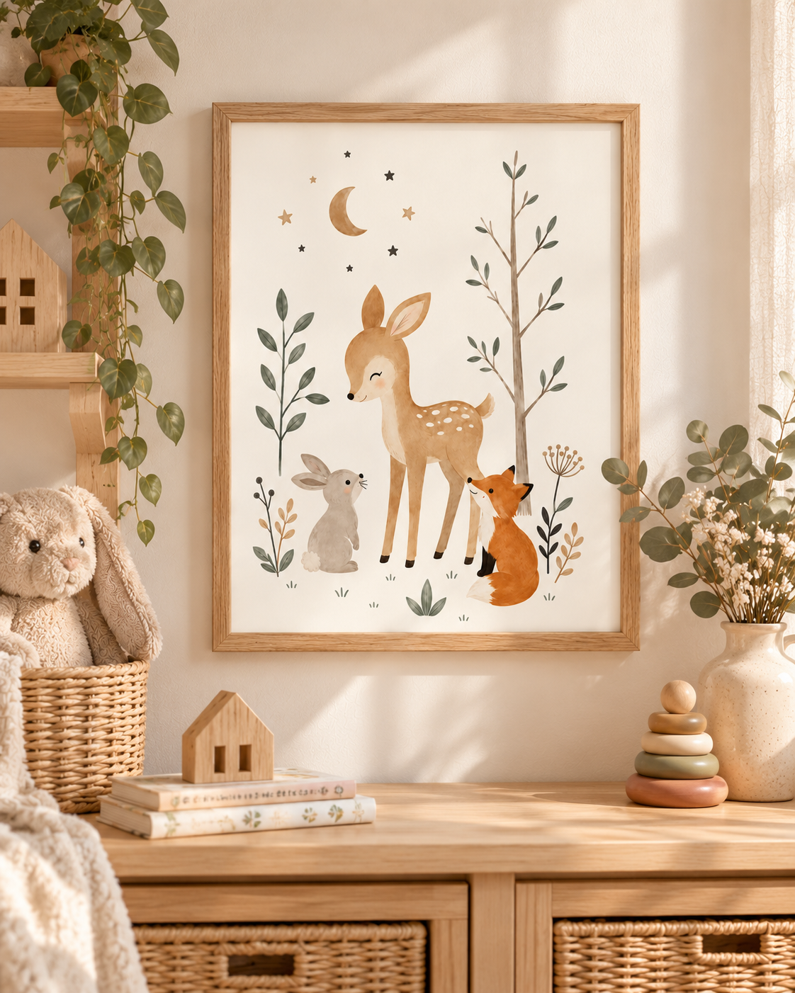 Woodland nursery fawn, fox and rabbit with moon, stars and sage foliage styled in a nursery