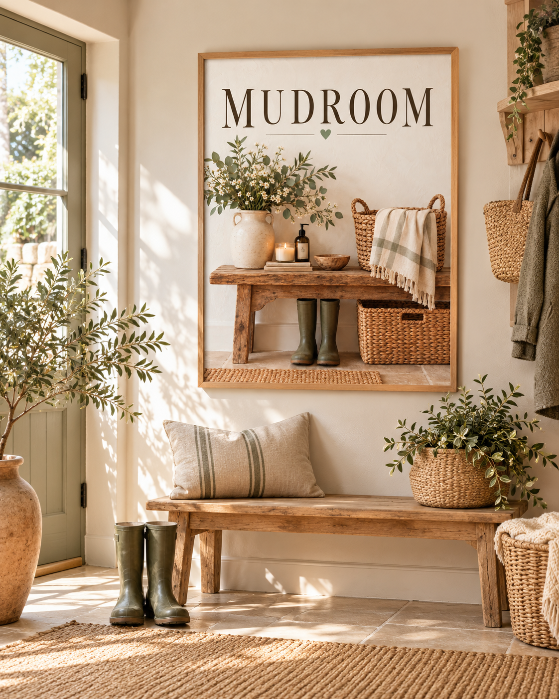 Mudroom artwork with green wellies, country flowers, baskets and rustic bench in a styled home display