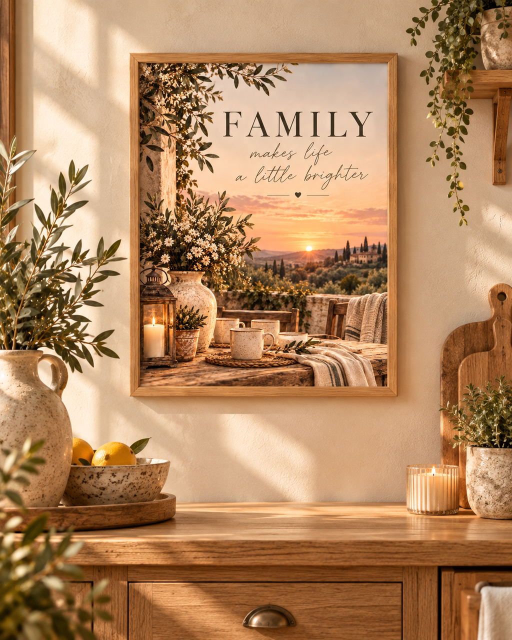 Family makes life a little brighter quote with Tuscan countryside sunset, olive greenery, white flowers, rustic ceramics and candlelight styled in a sideboard display