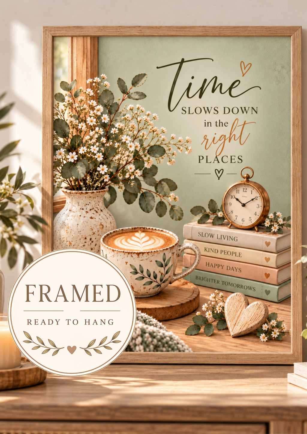 Time Slows Down in the Right Places artwork with flowers, coffee cup, books, vintage clock and wooden heart; framed and ready to hang badge