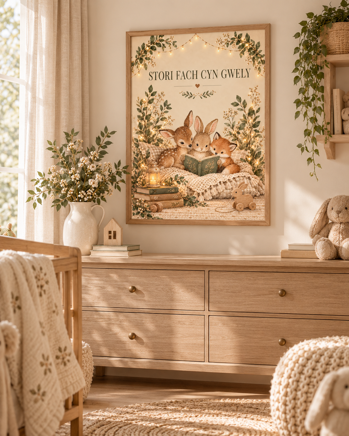 Stori Fach Cyn Gwely Welsh bedtime story with fawn, rabbit and fox reading a book among soft woodland foliage styled in a bedroom