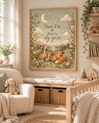 Nos Da Rwyn dy garu Welsh goodnight quote with deer, rabbit, bear and fox beneath a crescent moon and stars styled in a nursery