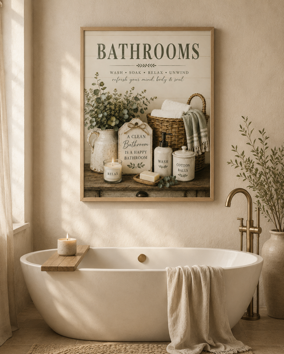 Farmhouse bathroom typography with wash soak relax unwind wording, sage foliage, towels, wicker basket and ceramic accessories styled in a bathroom