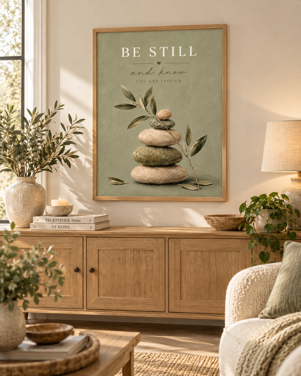 Be Still and Know You Are Enough quote with sage-green balancing stones and delicate olive branches styled in a living room
