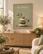 Be Still and Know You Are Enough quote with sage-green balancing stones and delicate olive branches styled in a living room