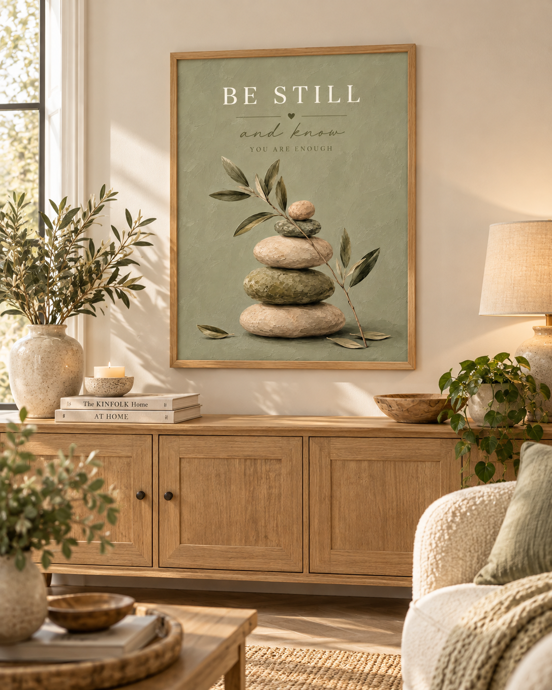 Be Still and Know You Are Enough quote with sage-green balancing stones and delicate olive branches styled in a living room