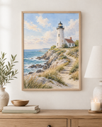 Painterly coastal landscape with white lighthouse and cottage, blue ocean waves, rocky shore, sandy path, wooden fence and coastal grasses; print only, frame not included