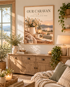 Our Caravan a home away from home quote with daisies, lantern, mug, knitted blanket and lakeside sunset styled in a living room