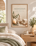 Buddha meditation artwork with eucalyptus, candle, stones and the words breathe, soften, be still styled in a bedroom