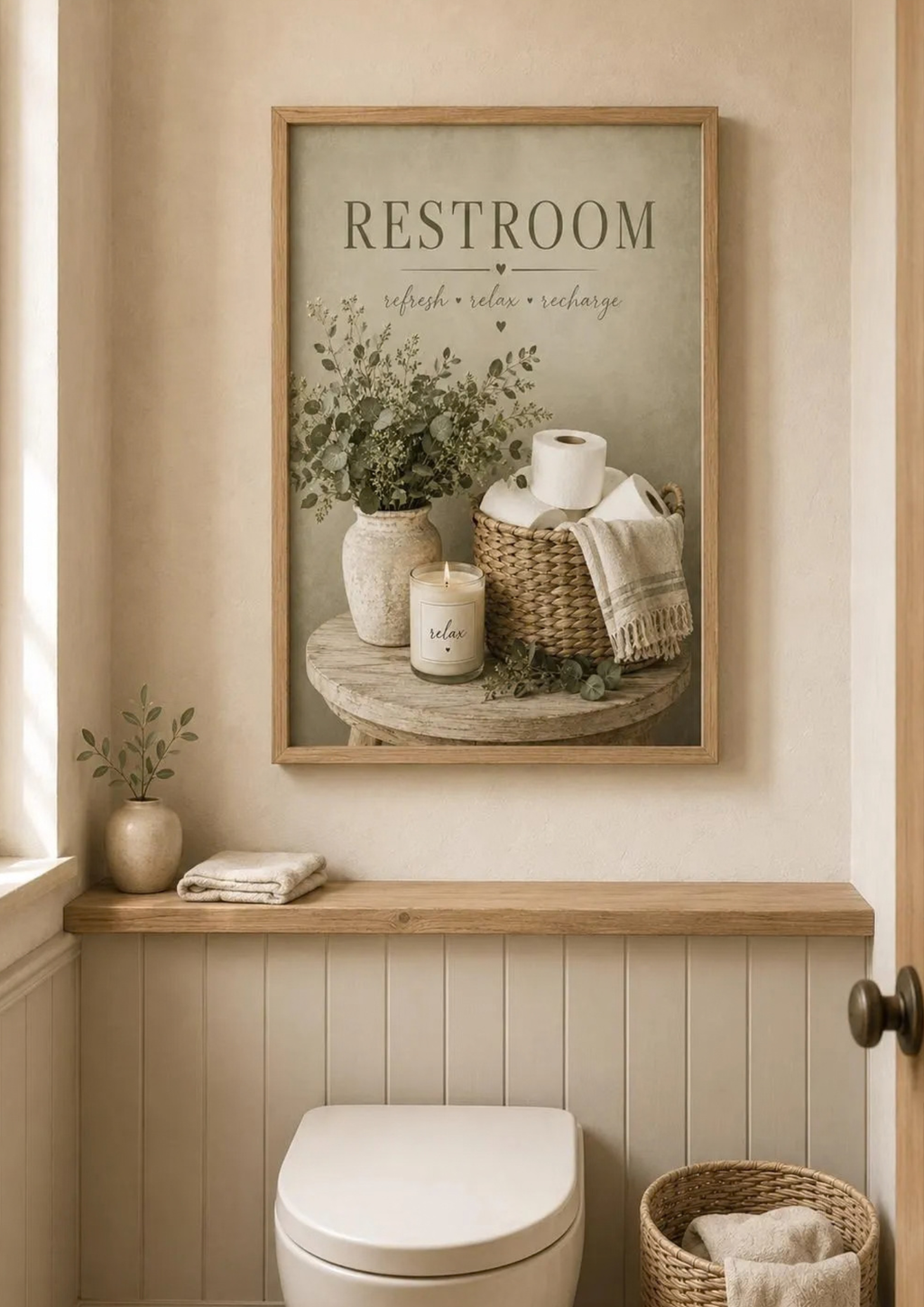 Sage green Restroom artwork styled in a warm neutral bathroom 2; selected frame included.