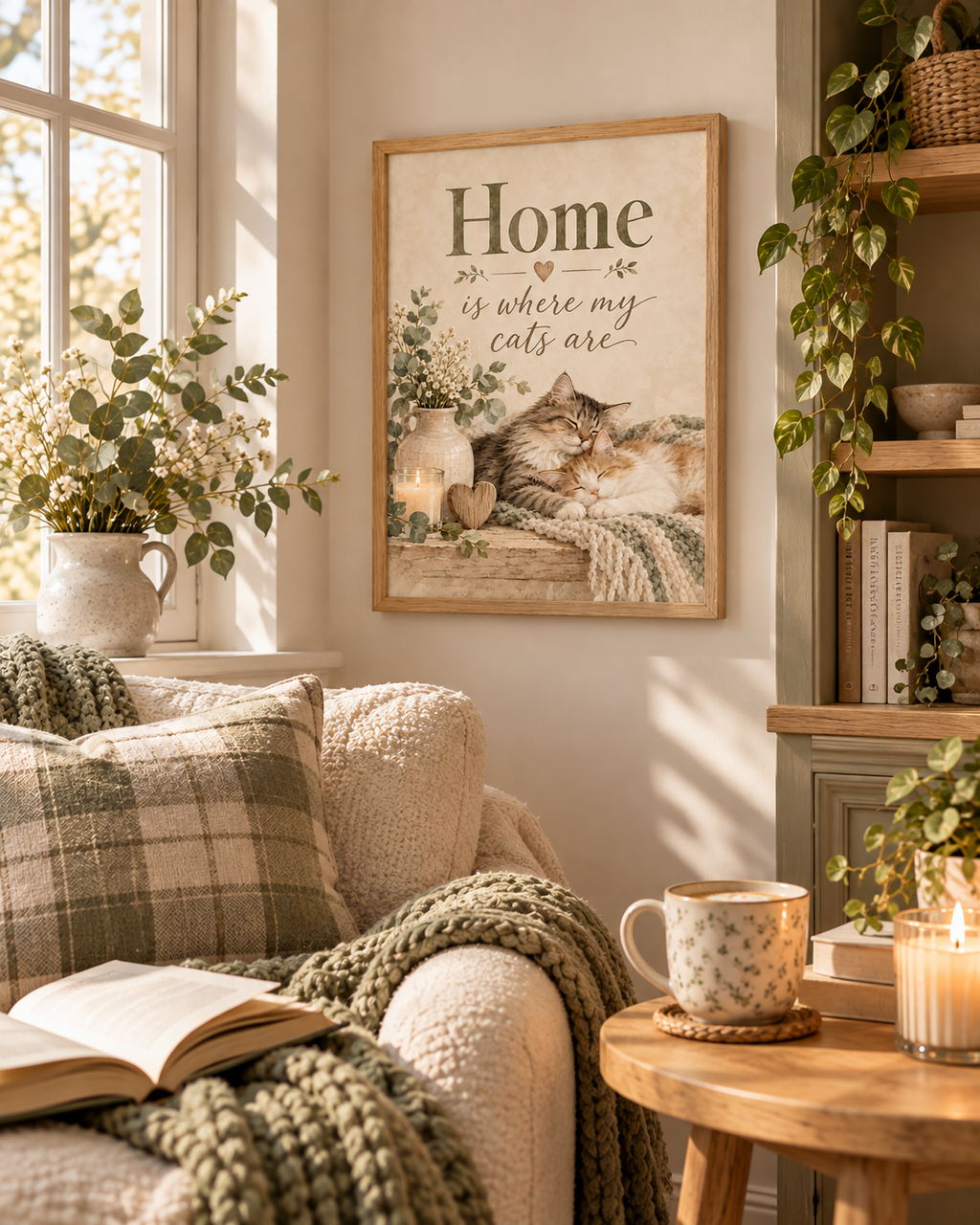 Home is where my cats are artwork with two sleeping cats, white flowers, sage foliage, candle, wooden heart and knitted blanket styled in a reading corner