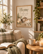 Home is where my cats are artwork with two sleeping cats, white flowers, sage foliage, candle, wooden heart and knitted blanket styled in a reading corner