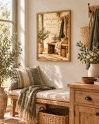 Boot Room quote, Muddy boots happier days, with wellies, rustic bench, woven baskets and country entryway details styled in a hallway reading corner