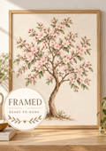 Watercolour flowering tree with blush pink blossoms, muted green leaves and a curved brown trunk on warm ivory; framed and ready to hang badge