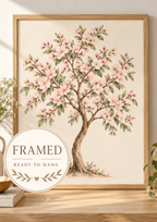 Watercolour flowering tree with blush pink blossoms, muted green leaves and a curved brown trunk on warm ivory; framed and ready to hang badge