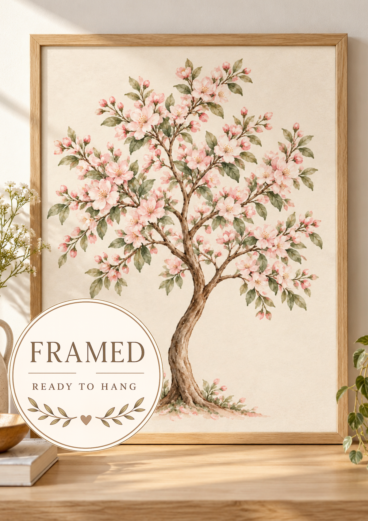 Watercolour flowering tree with blush pink blossoms, muted green leaves and a curved brown trunk on warm ivory; framed and ready to hang badge