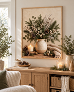 Winter botanical still life with evergreen foliage, eucalyptus, white berries and pine cones in a rustic jug, candle, brass bells and knitted blanket styled in a living room