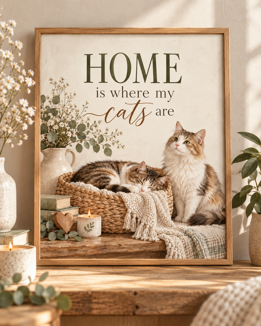 Home is where my cats are artwork with a cat sleeping in a woven basket and another sitting beside it, flowers, books, candle and knitted blankets; print only, frame not included
