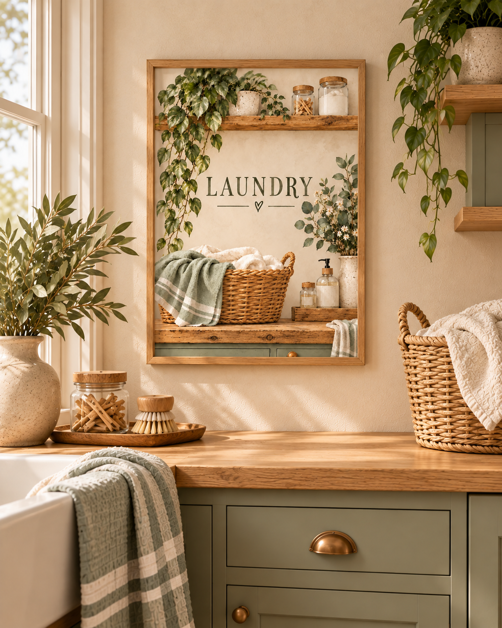 Botanical laundry artwork with LAUNDRY lettering, woven linen basket, trailing greenery, cream flowers and rustic wooden shelves styled in a laundry folding area