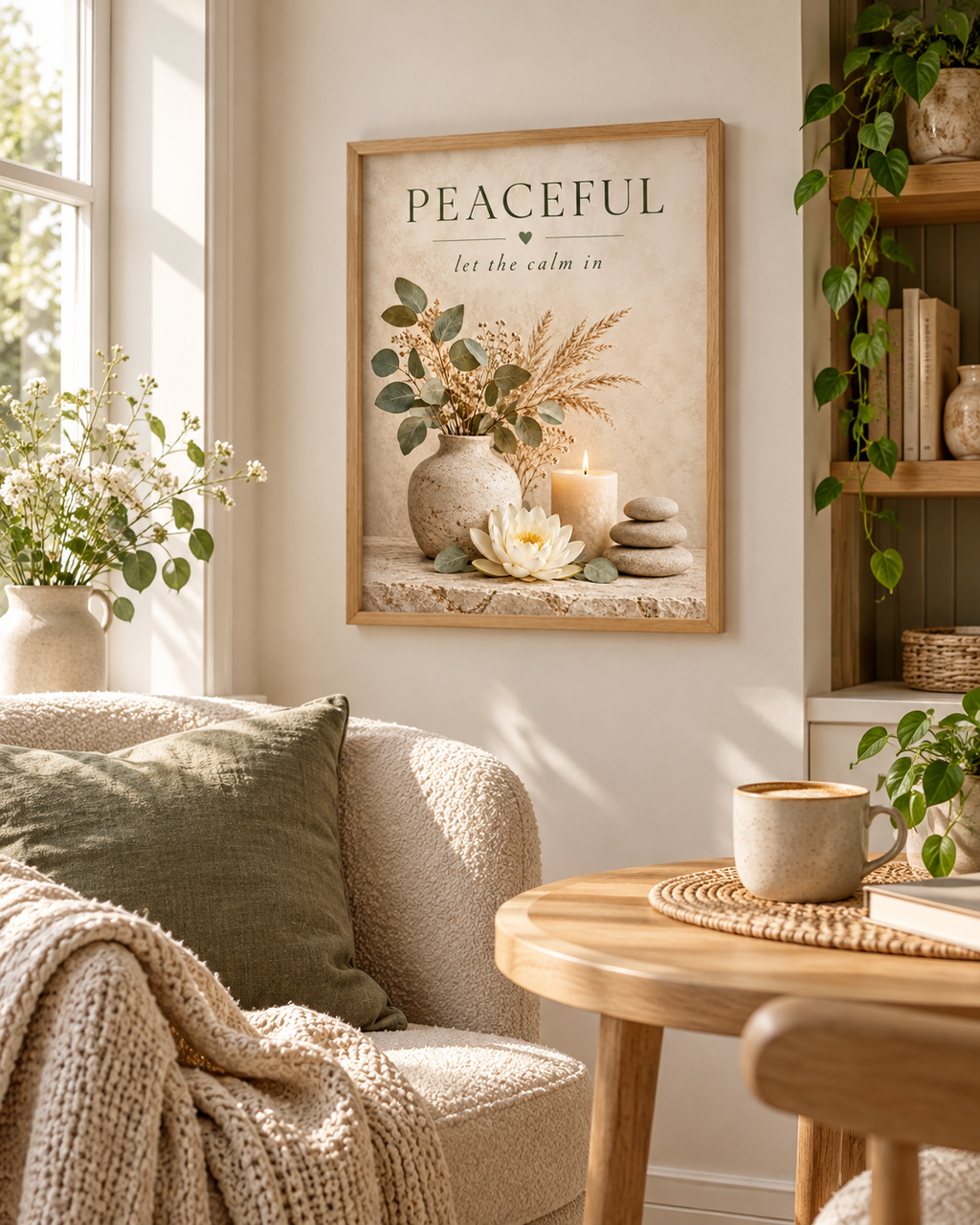 Peaceful let the calm in botanical artwork with eucalyptus, dried grasses, lotus flower, candle and stacked stones styled in a reading corner