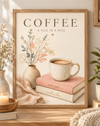 Coffee — A Hug in a Mug botanical print with a speckled cup and stacked books; frame shown for styling